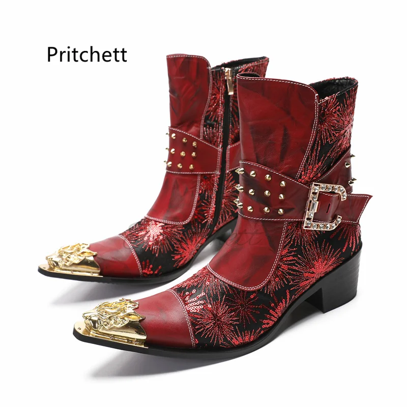 Gold Red Metal Pointed Toe Chelsea Boots for Men High Heels British Style Ankle Boots Belt Buckle Rivet Boots Men\'s Shoes