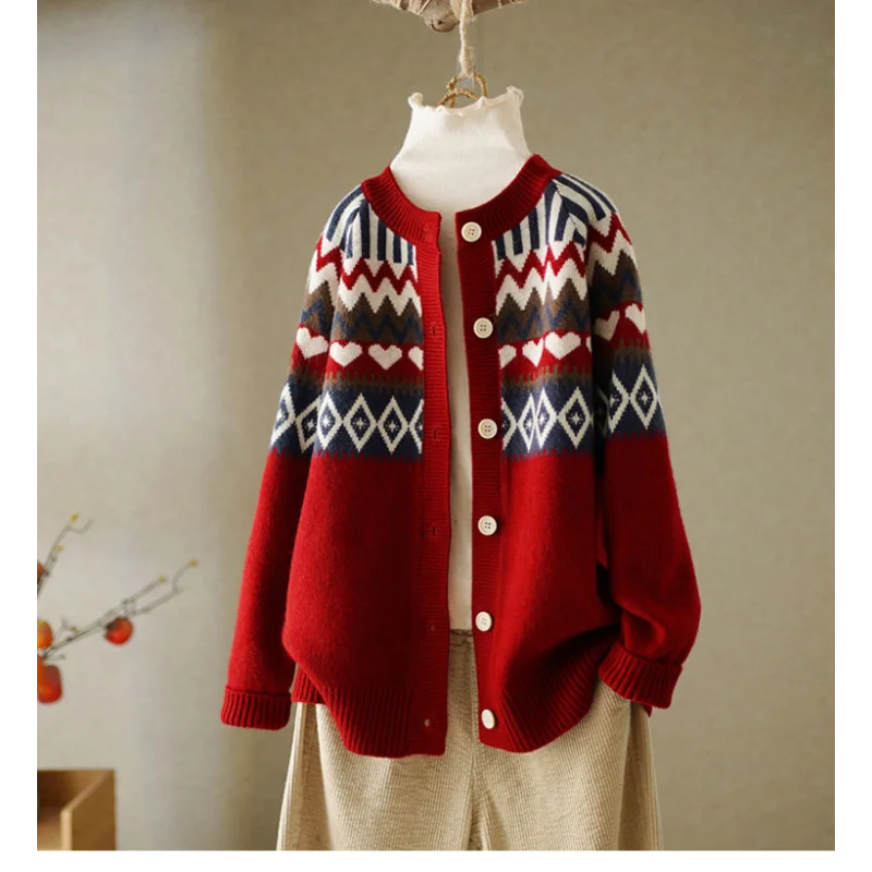 Geometric Contrast Color Cardigan Lantern Long Sleeve Sweater Knitted Button Checkered Women's Clothing Coats Spring Autumn Tops