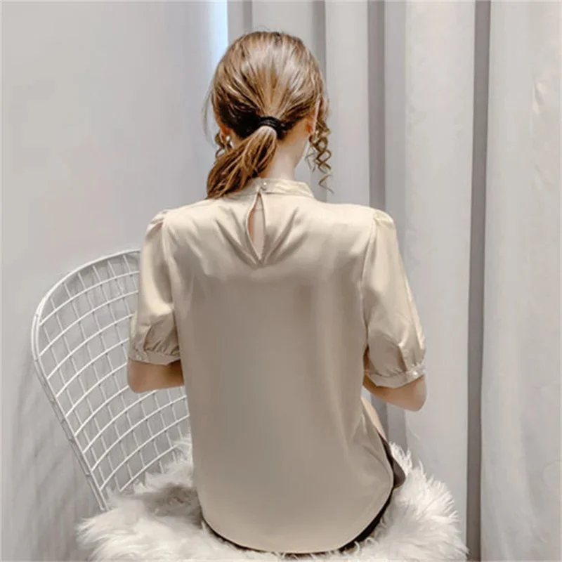 Women Summer Style Blouses Shirts Lady Fashion Casual Puff Short Sleeve Beading O-Neck Solid Pearl Blouses Tops