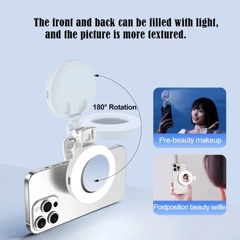 مرآة مصباح Led محمولة قابلة لإعادة الشحن مع حلقة إضاءة ليد لصور السيلفي ومشبك هاتف ملء كاميرا إضاءة سيلفي خفيفة