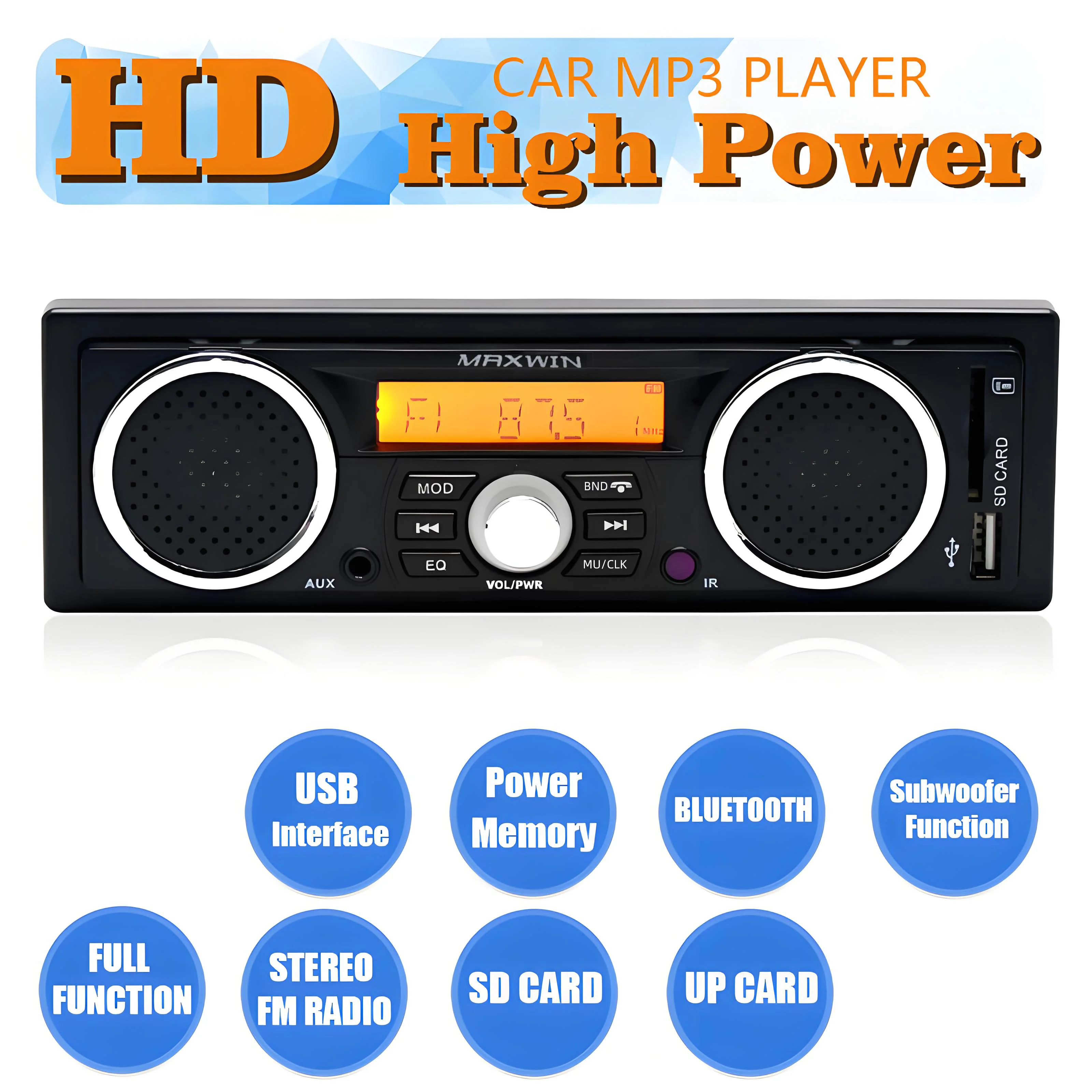 

Автомобильный радиоприемник 1 DIN, MP3-плеер, Bluetooth, громкая связь, FM-радио, встроенные 2 динамика, поддержка воспроизведения аудио через USB, SD, AUX.