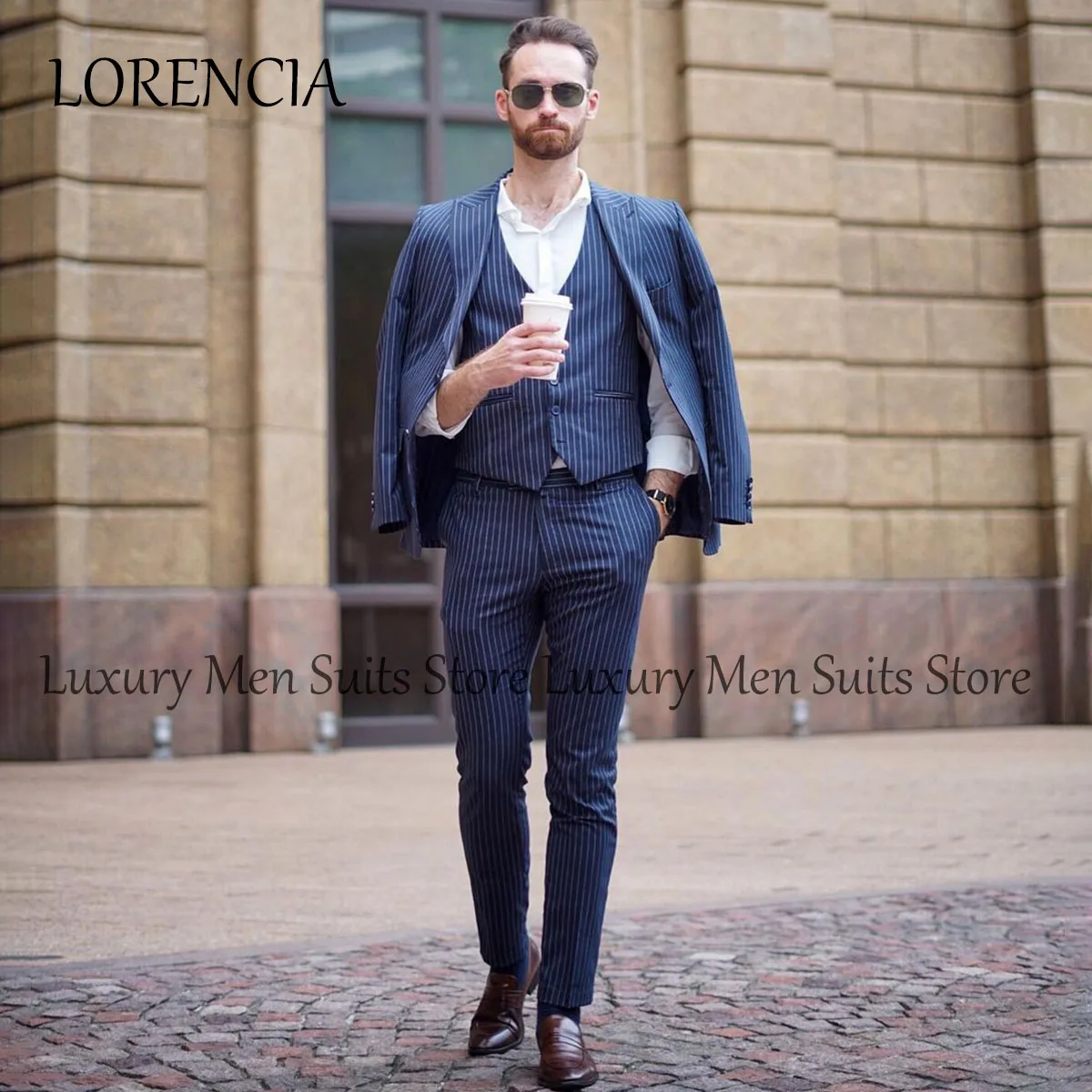 

Formal Strip Men Suits Single Breasted Business Male Blazers Slim Fit Groom Tuxedos 3 Pieces Sets Terno Masculinos Completo