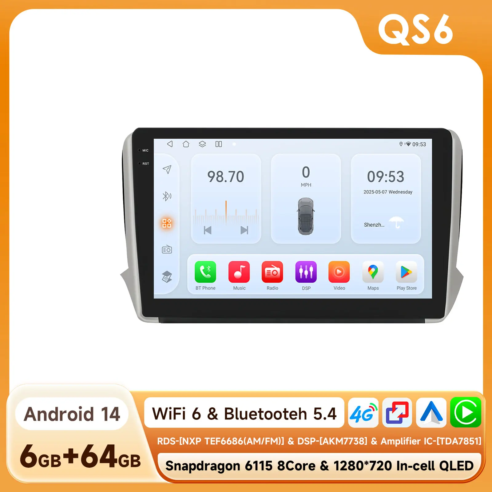 OSSURET Android Autoradio GPS Speler voor Peugeot 208 2008 CC 2012-2018 Carplay Auto GPS 2 DIN Auto Multimedia door Snapdragon 6115