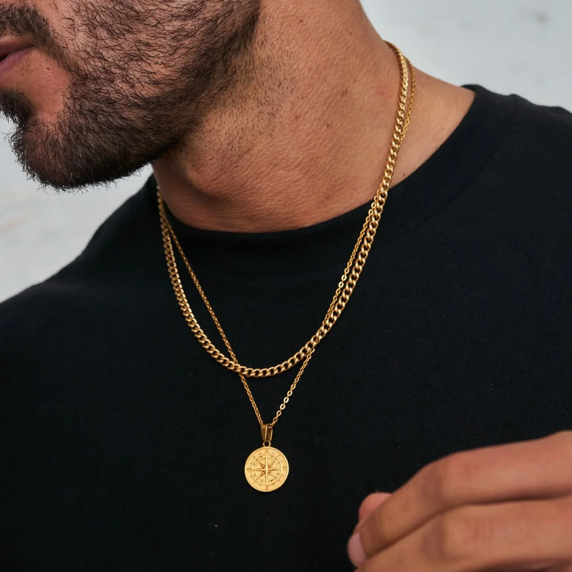 Layered Necklaces for Men Sailing Travel Compass Pendant Stainless Steel Cuban Figaro Wheat Chain Casual Retro Collar