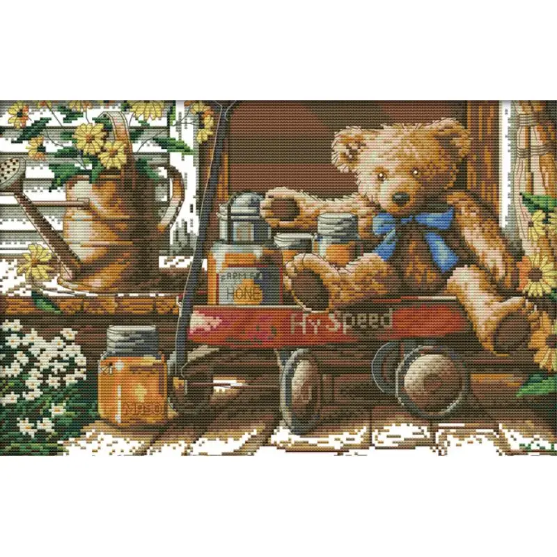 

Honey Bear Cartoon Pattern Cross Stitch Kit Aida 14ct 16ct 11ct Counted Printed Canvas Fabric Embroidery Set DIY Kids Room Decor