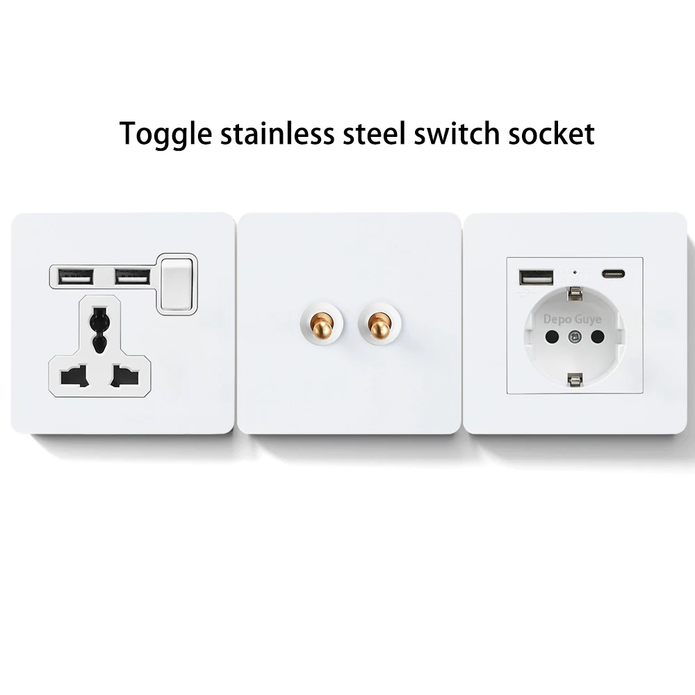 White Wall Toggle Light Switch 2Way Stainless Steel Panel Retro Brass Lever Switch 220V EU FR USB Type-c Socket Plug For Home