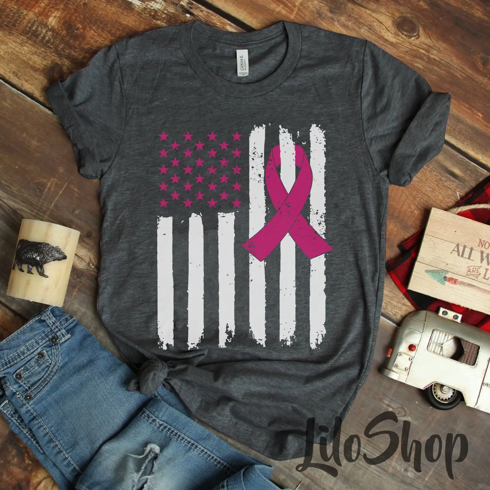 Pink Ribbon American Flag T Shirt Breast Cancer Awareness Fight Motivational S October