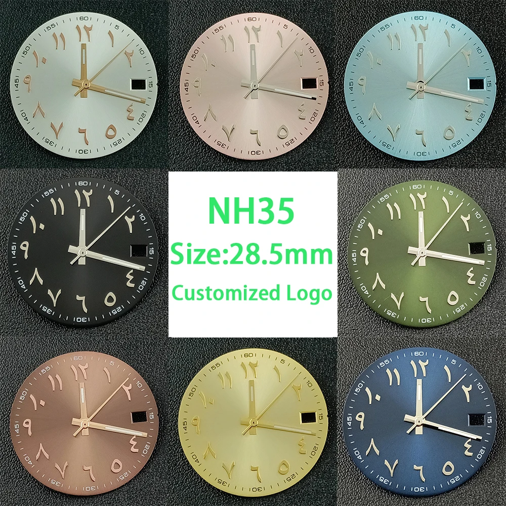 28.5mm アラビア数字ダイヤルカスタムロゴメンズ腕時計、夜光ダイヤルなし、NH35 ムーブメント時計アクセサリーに適しています