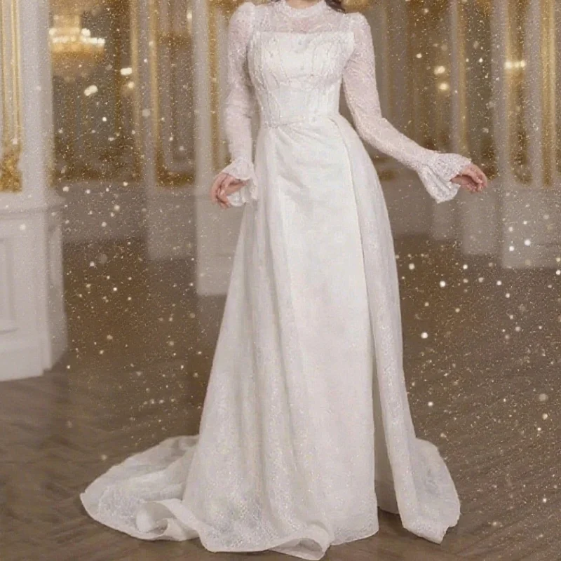 レーススパンコールハイネックフルスリーブマーメイドブライダルドレス Elengnt フォーマル花嫁ドレスカスタマイズされたウェディングドレス