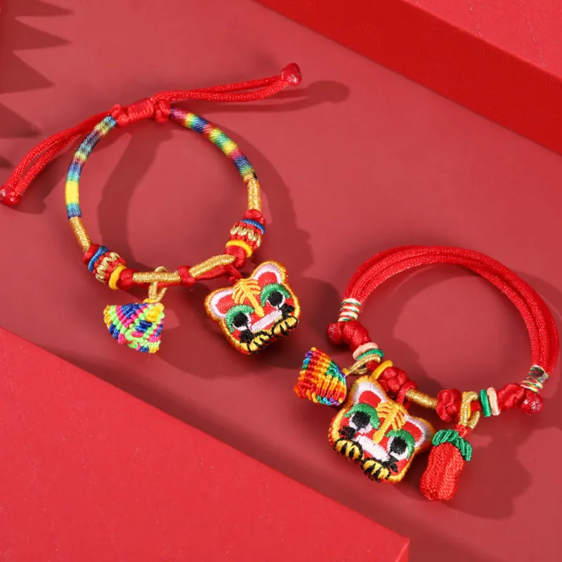 Baby Embroidered Tiger Head Hand Rope Red Rope Fetal Hair Bag Dragon Boat Festival Zongzi Lion Dance Pendant Children's Bracelet