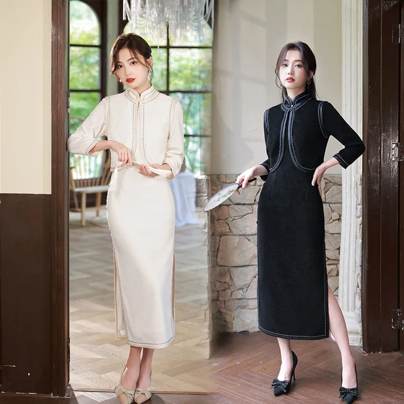 

Spring Fashion Retro Long Sleeve Qipao With Waistcoat Mandarin Collar Chenille Cheongsam Chinese Women Dress