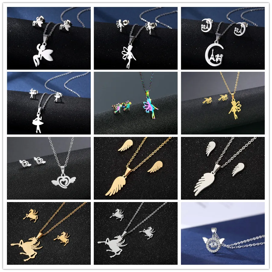 Stainless Steel Faith Jewelry Sets Lovely Angel Wing Eiffel Tower Fairy Ballet Dancer Choker Necklaces &  Earings Set Lucky Gift