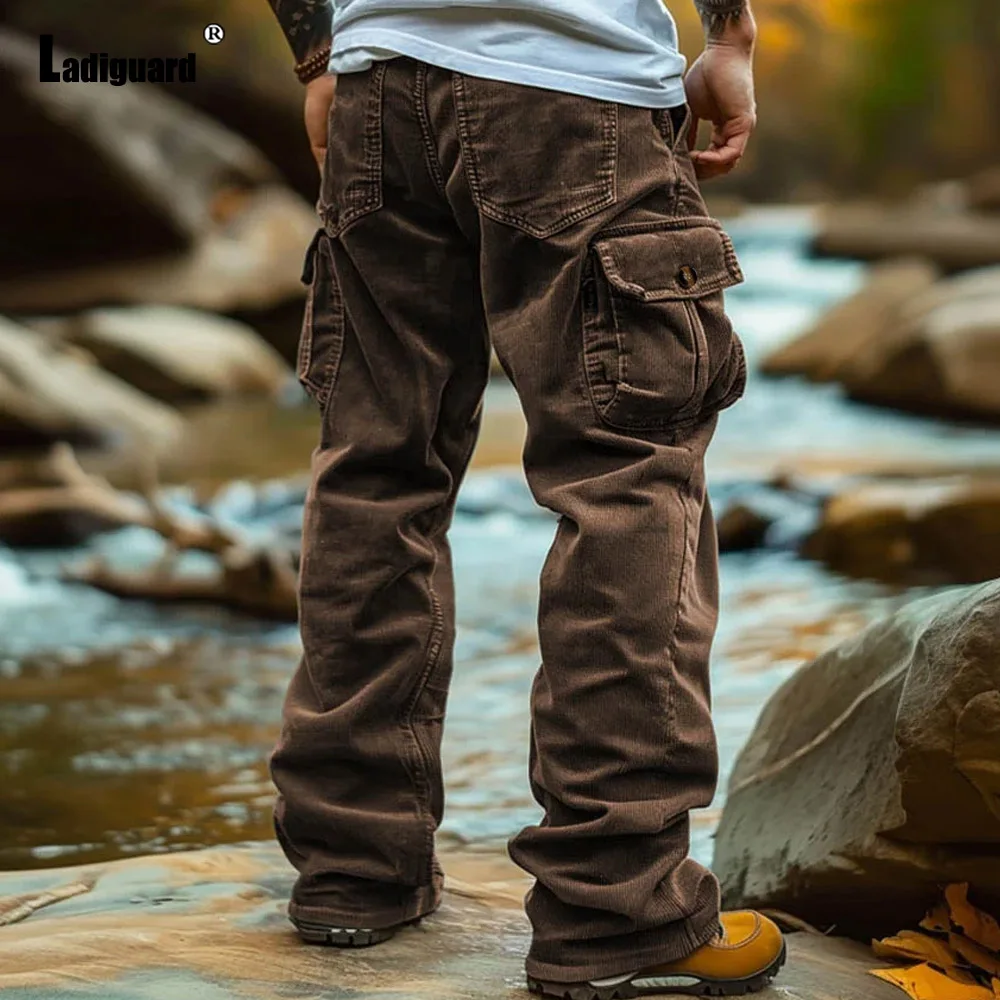 2024 America and Europe Fashion Corduroy Cargo Pants Men's Full-Length Trouser Plus Size Mens Casual Stand Pocket Sweatpants New