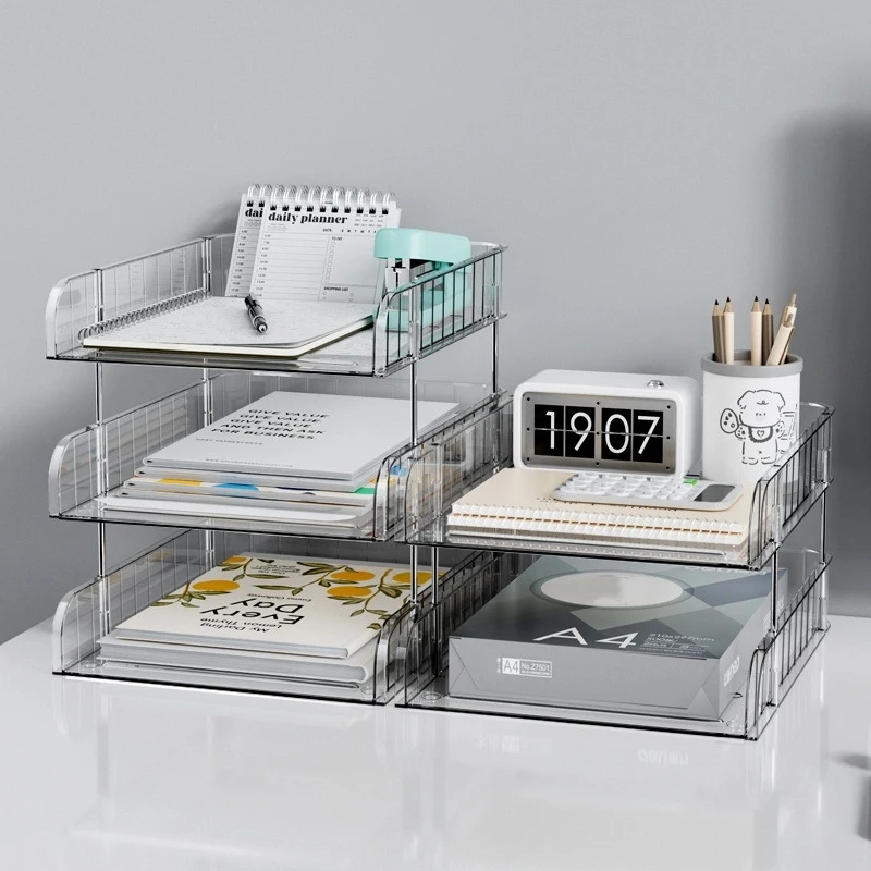 2-Tier Plastic Desk Organizer, Waterproof Rectangular Office Storage File Box with Detachable Design for Documents and Supplies