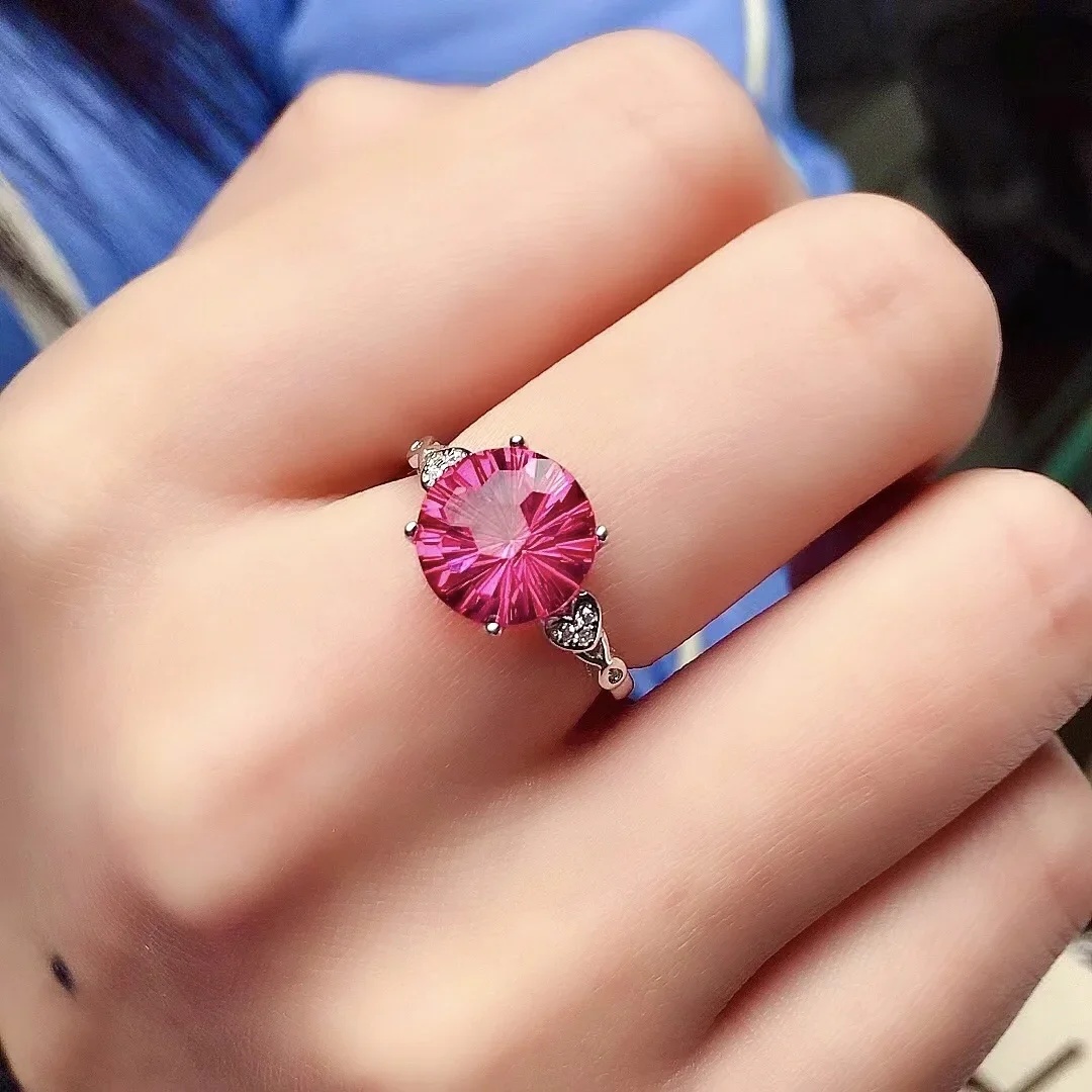 

Luxury Sterling Silver Pink Topaz Ring for Party 4ct 10mm VVS Grade Real Topaz Silver Ring for Engagement Brithday Gift for Girl