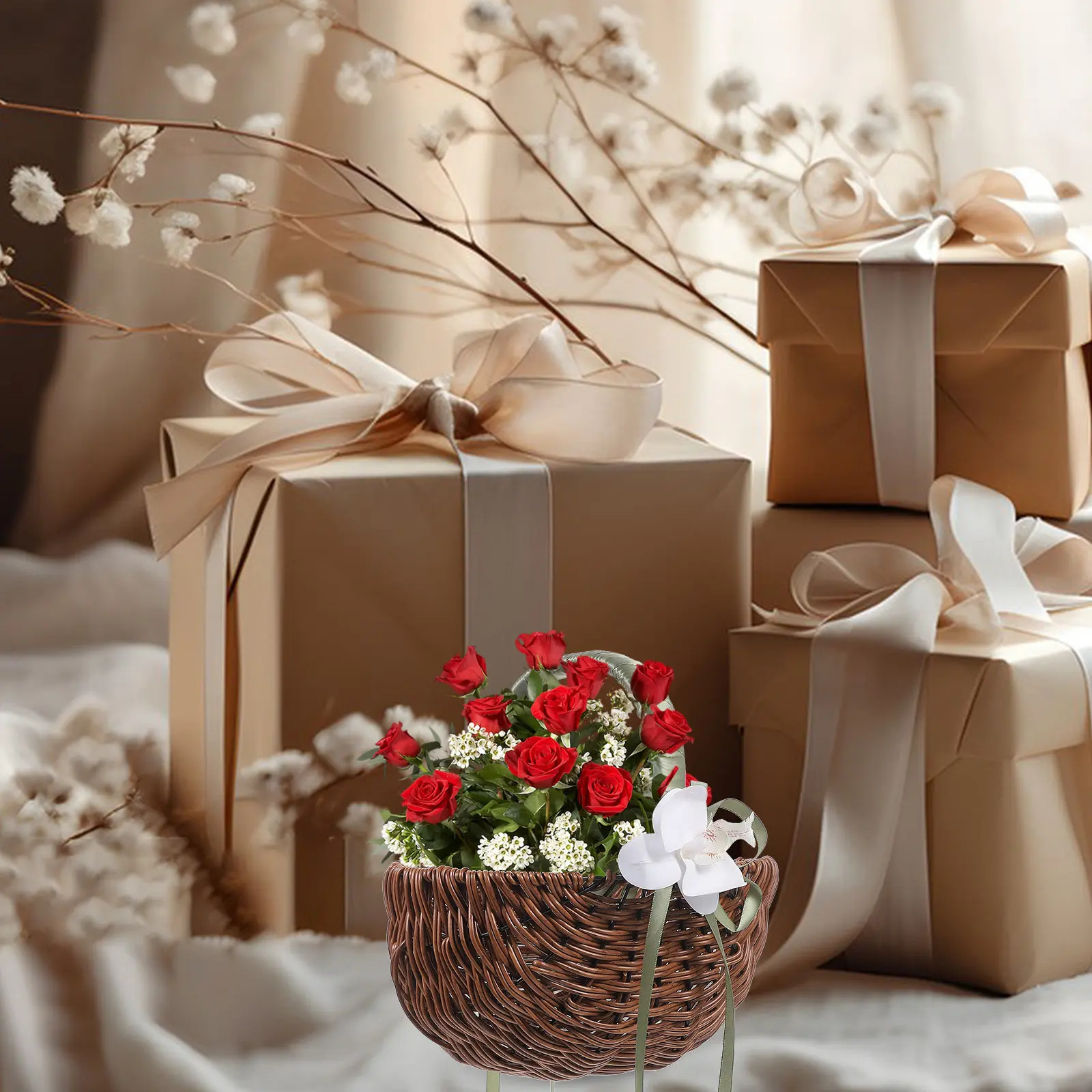 Wedding Flower Basket Handheld Woven Floral Basket for Bride Flower Elegant Rustic Decoration Wedding Supplies Easter