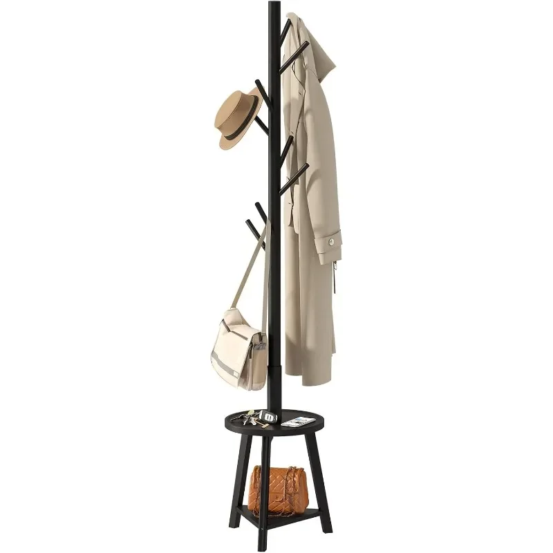 

Coat Rack freestanding Stand with Shelf Bamboo Wooden Coat Tree Easy Assembly 8 Hooks Standing Jackets Hallway