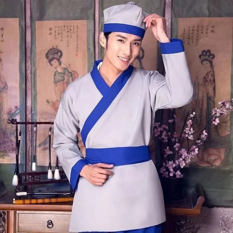 Ancient Teahouse Workers Clothing Old Chinese Manservant Scholars Costume Vintage Men Women Servant Cleaning Cosplay Hanfu Set