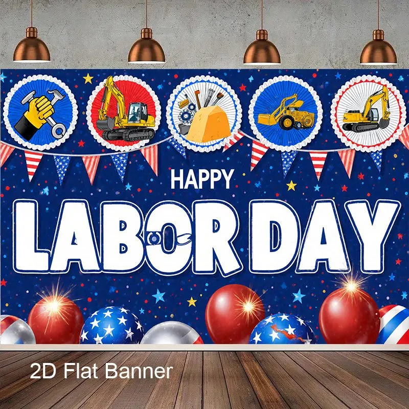Drapeau de fête imprimé en 2D, 1 exemplaire, avec un motif de machines de construction et un fond décoratif pour la Journée du Travail