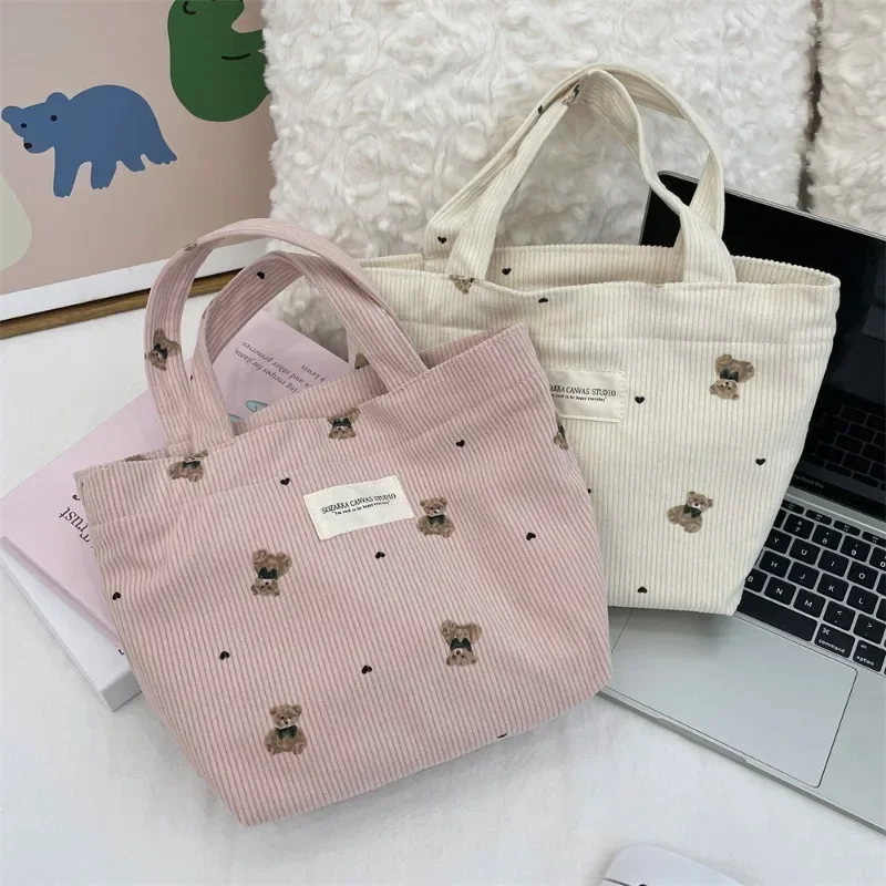 1 Piece Sweet Cartoon Lunch Bag for Girl Boy Chic Cute Animal Bear Handbags for Women Portable Large Capacity Corduroy Bag