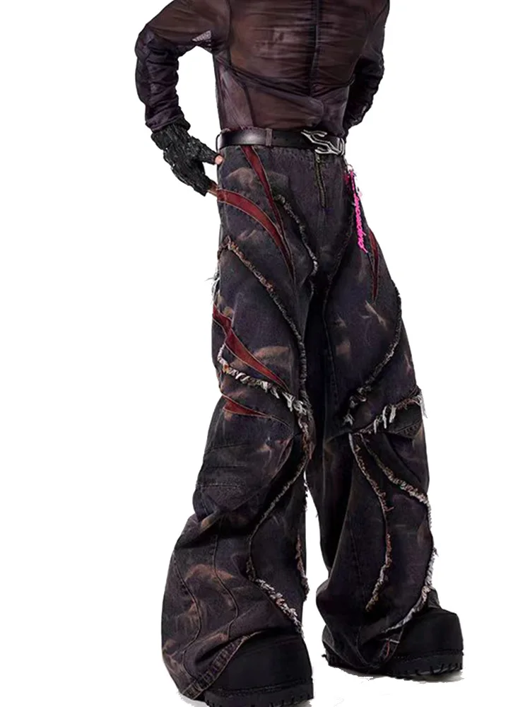 High Street Heavy Industry Stir Fried Snowflake Curved Knife Jeans Pants Men in Spring with Stitch Mesh Wide Leg Denim Pants