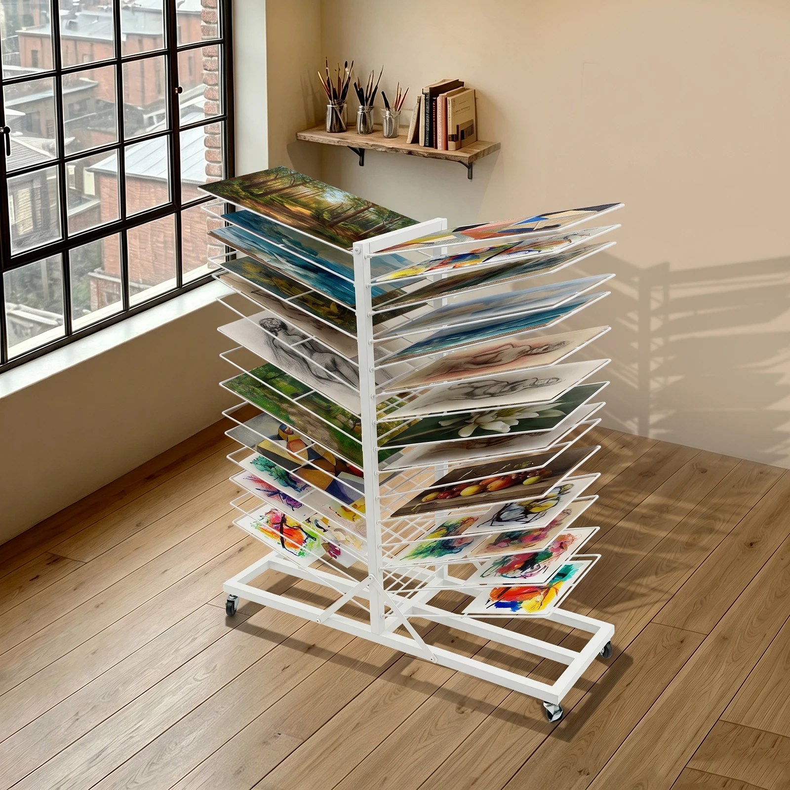 Art Drying Rack, 30 Shelves Art Drying Rack, Art Drying Rack with Adjustable Shelves, Rolling Art Rack , for Paintings, Screen‑Printing Frames & Art Boards