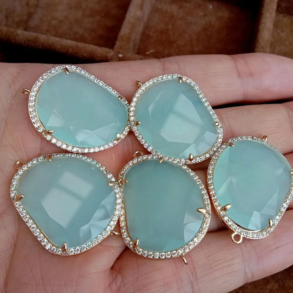 

5 Pcs Light Green Quartz Cz Pave Connector Beads Jewelry DIY