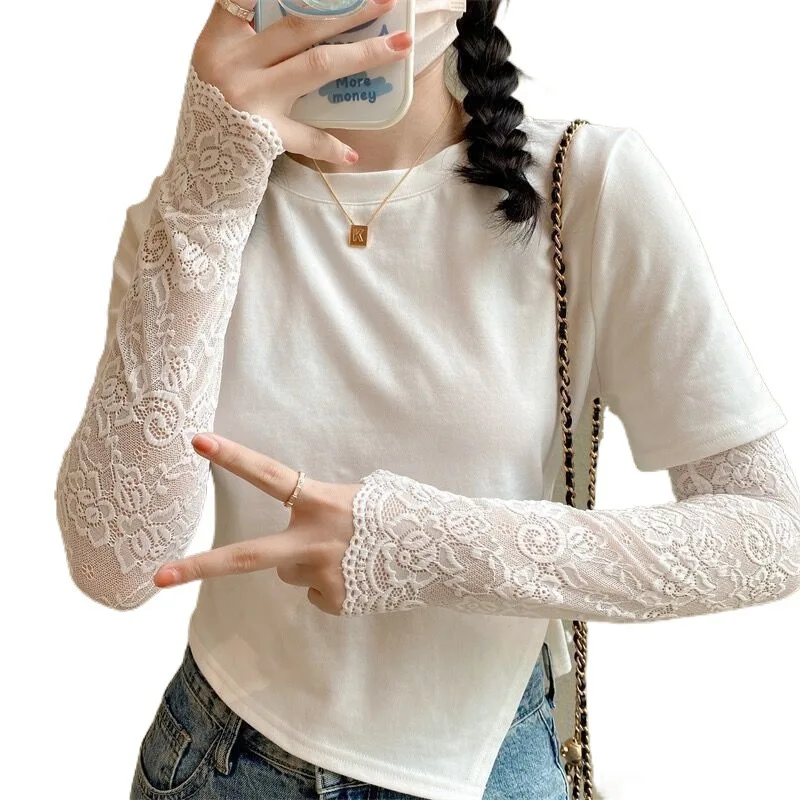 여성용 레이스 자외선 차단 팔 슬리브, 문신을 덮는 레이스 가짜 슬리브, 통기성 메쉬 자외선 차단 슬리브