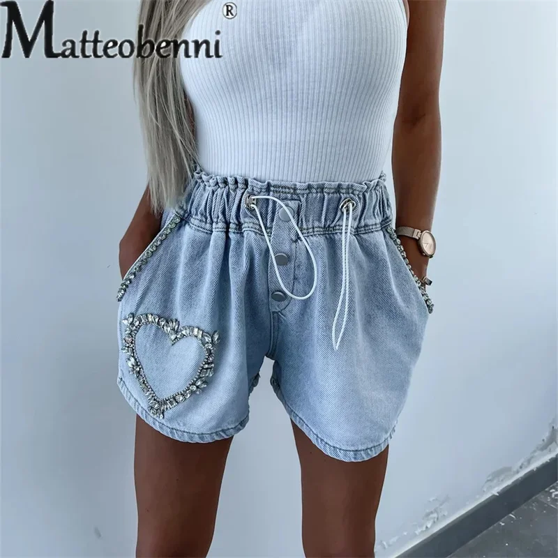 Fashion Splicing Diamond Decorative Denim Shorts Female Daily Casual Loose Waist Drawstring Three Quarter Pants Women's Jeans