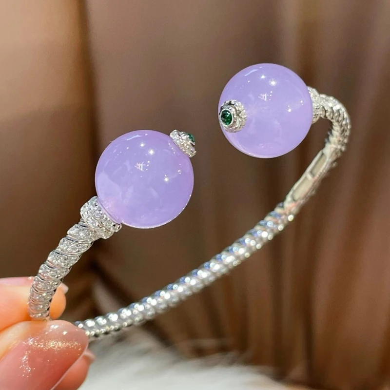 

BELLUX 925 Silver Gold-plated Hemp Rope Round Natural Purple Green Chalcedony Daily Fashion Open Bangle