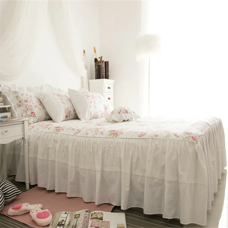 100%Cotton Soft White Pink Floral Rose Girls Bedding Set 3/4/7Pcs Single Doubel King Cal King Duvet cover Bedskirt Pillowcases