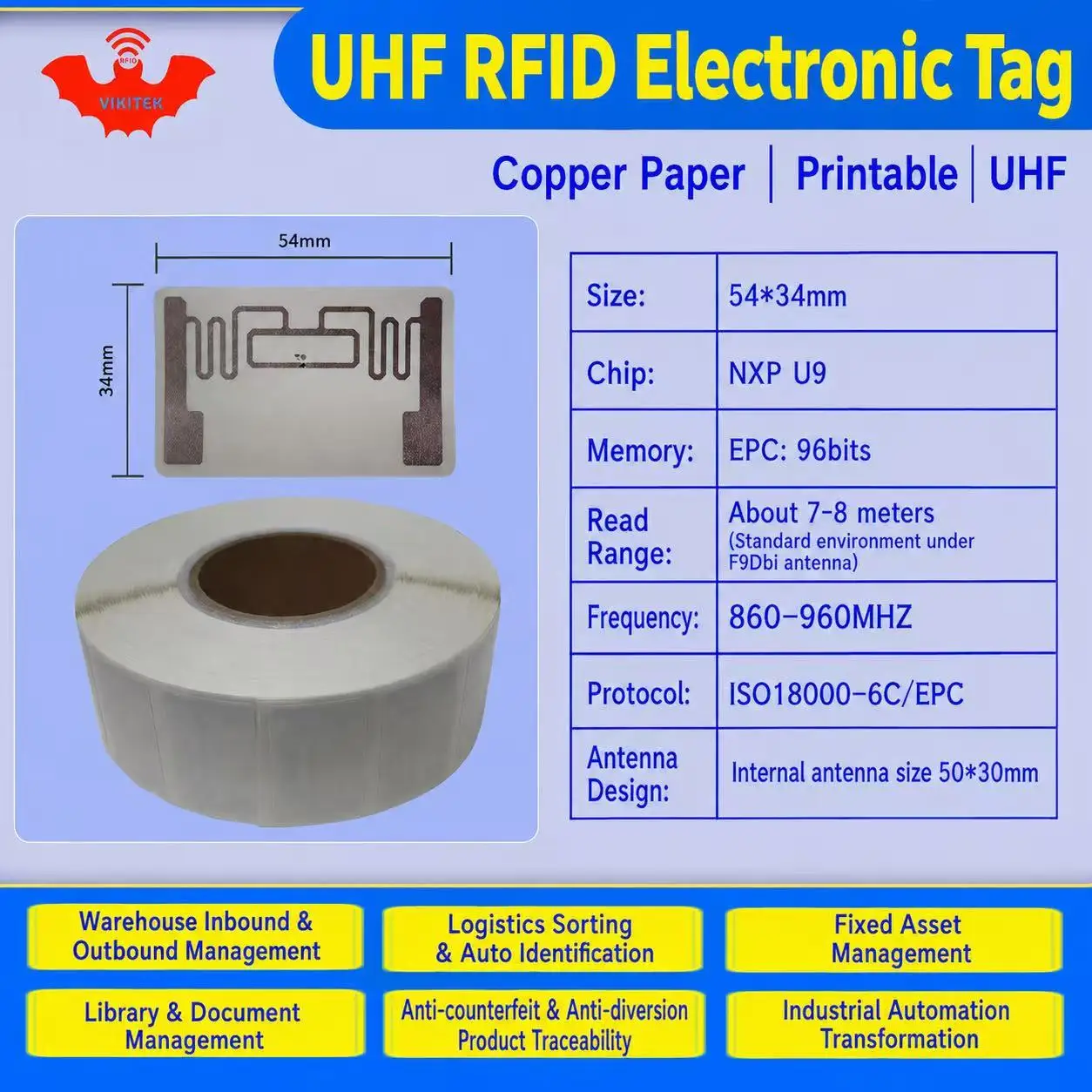 UHF RFID tag sticker NXP U9 wet inlay 915mhz 900 868mhz 860-960MHZ EPCC1G2 6C smart adhesive passive RFID tags label
