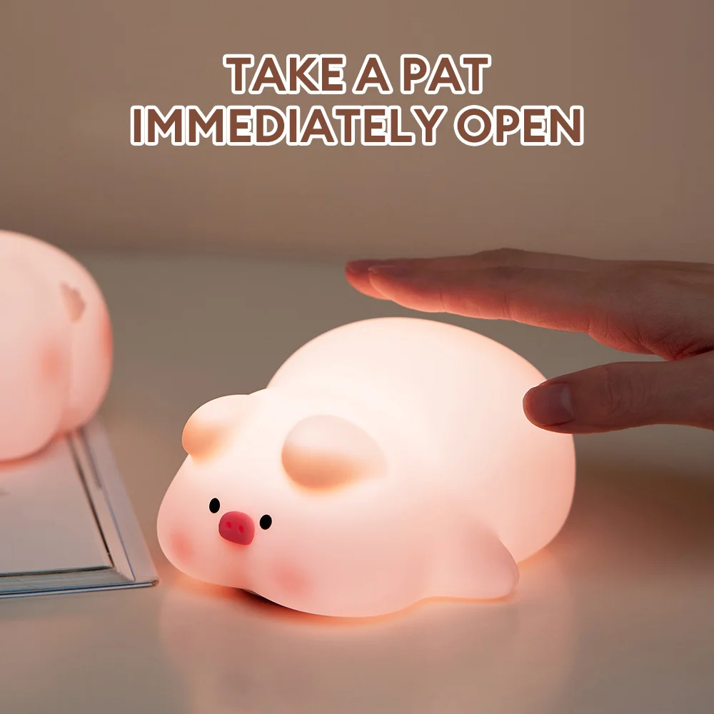 LED Night Lights Cute Pink Piggy Silicone Lamp USB Rechargeable Timing Bedside Decor Night Lamp Indoor Atmosphere Pat Lamp