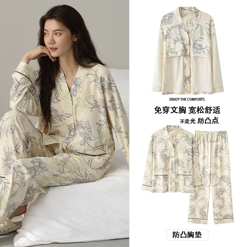 2024 Women's Cotton Pajamas with Bra Pad Home Clothes Long Sleeve Spring Autumn Kimono Nightie Woman Night Pyjamas Mujer