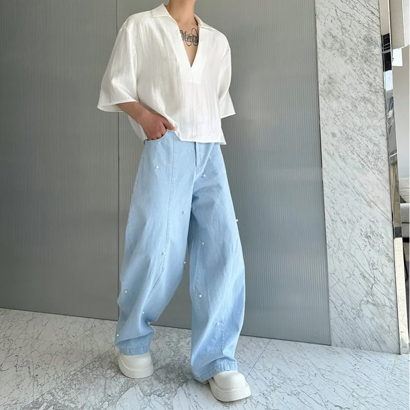 

Мужские светло-голубые джинсы прямого кроя, модные, с высокой талией, с жемчугом, универсальные, широкие, с эффектом потертости, трендовые