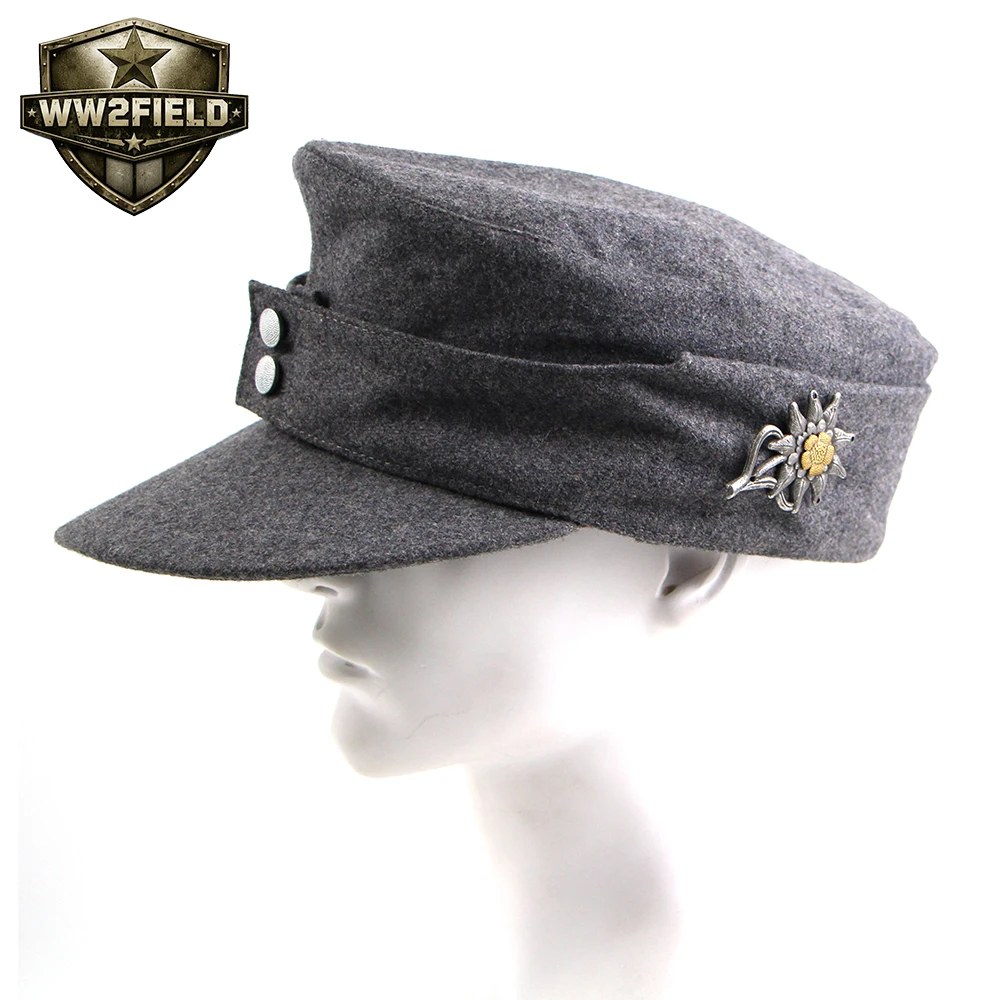 German M43 Gray Wool Hat with Edelweiss Badge, Caviar Pattern Buttons A51