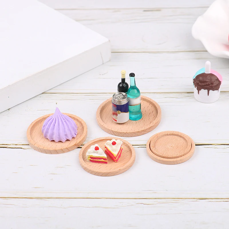 1:12 Dollhouse Round Wooden Plate Miniature Dessert Food Tray Kitchen Tableware Model DIY Dolls Play House Accessories