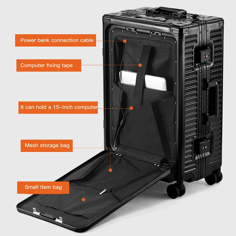 حقيبة SUSHIMU مقاس 20 بوصة من سبائك الألومنيوم والمغنيسيوم مع فتحة أمامية، وحقيبة عربة، وحقيبة حمل، وسفر معدني