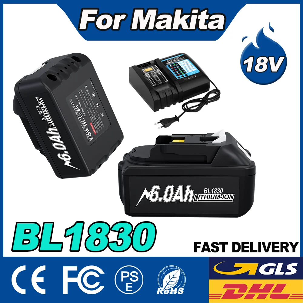 Powtree für Makita BL1830 Akku 18 V 6000 mAh Akku BL1830 BL1815 BL1860 BL1840 Werkzeug-Akku mit 4A-Ladegerät