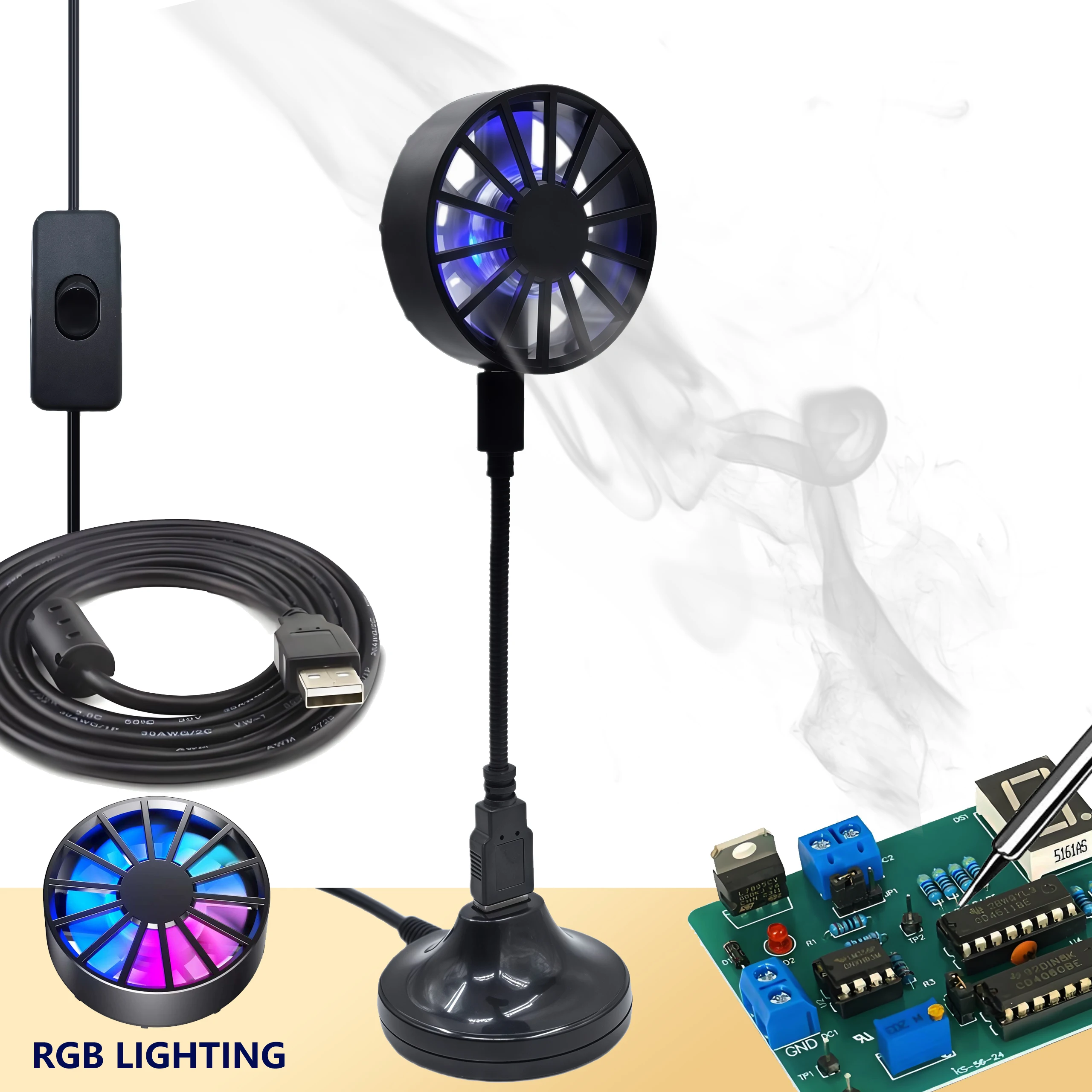 

Mini Fume Extractor with RGB Light – USB Powered Magnetic Desktop Smoke Absorber for Soldering, Nail Art, PCB Repair & DIY Craft