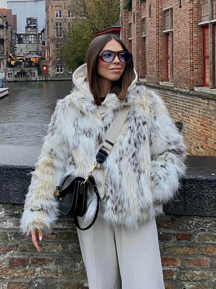 HH Winter Female Elegant Warm Street Style Jacket Fashion Women Faux Fur Effect Jacket High Collar Long Sleeves Print Outwear