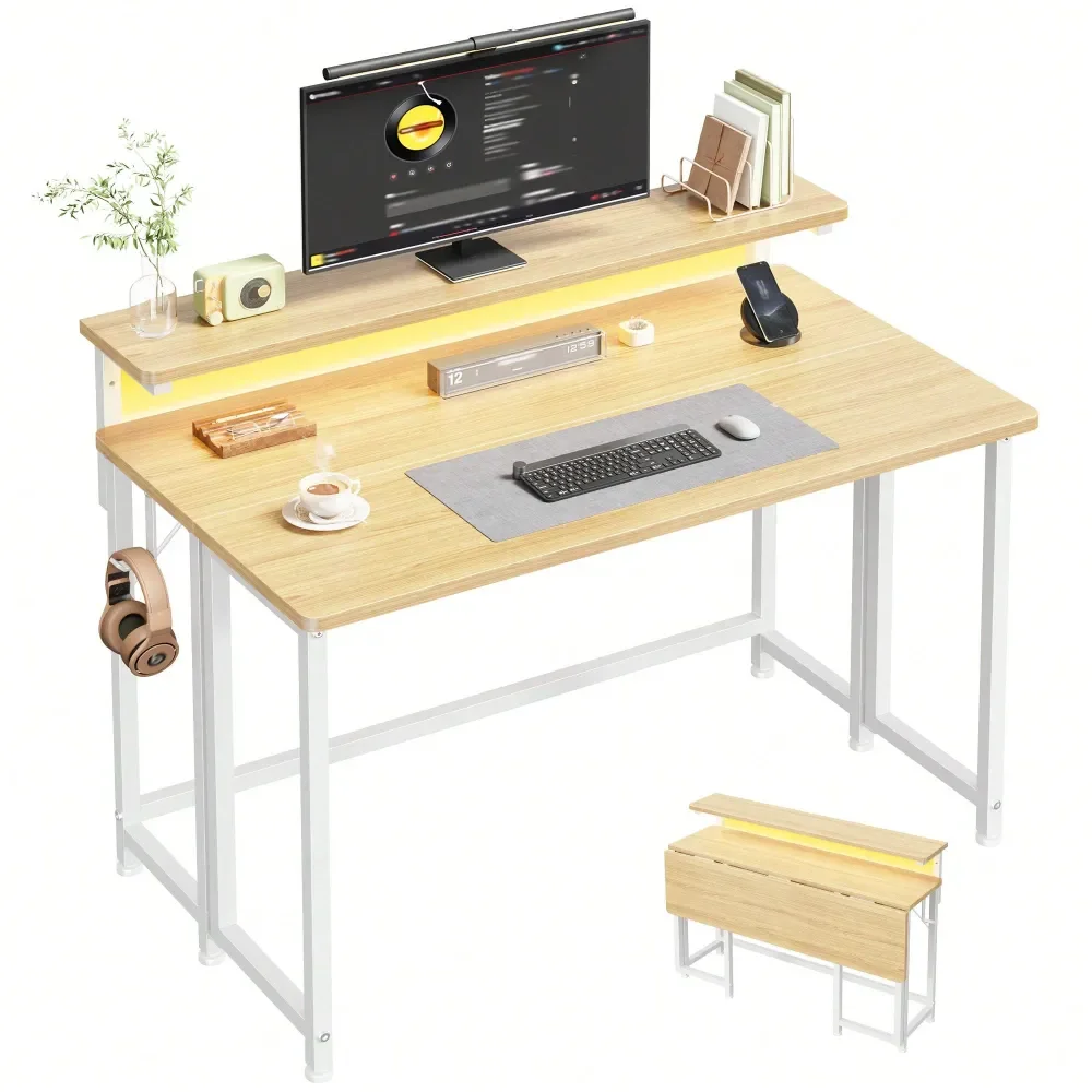 

standing desk l shaped desk table39.4 Foldable Compact Desk With LED Lights, Ergonomic Monitor Stand Storage 15MM Thick Gaming O