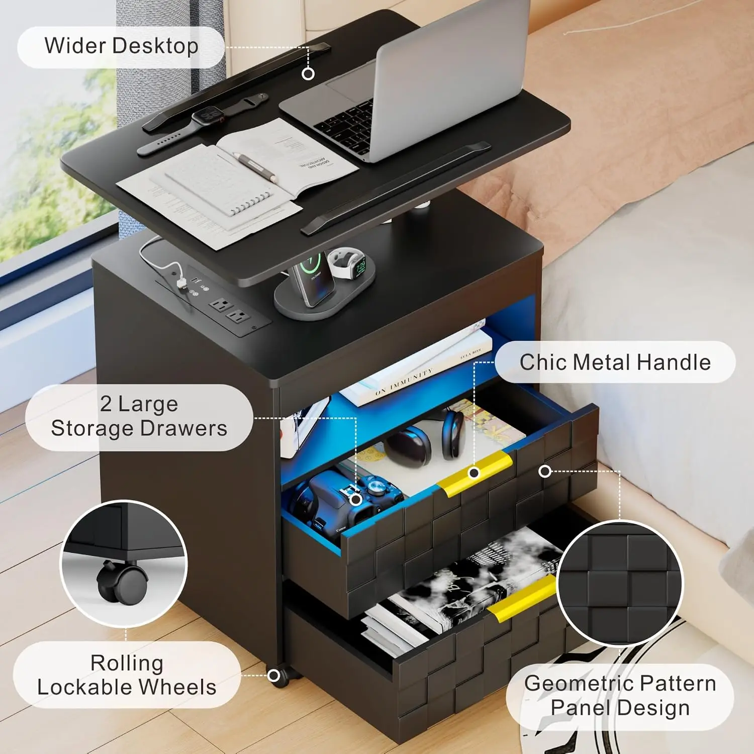 Rolling Nightstand with LED Lights & Charging Station, Bedside Table with Wheels for Bedroom, Customized
