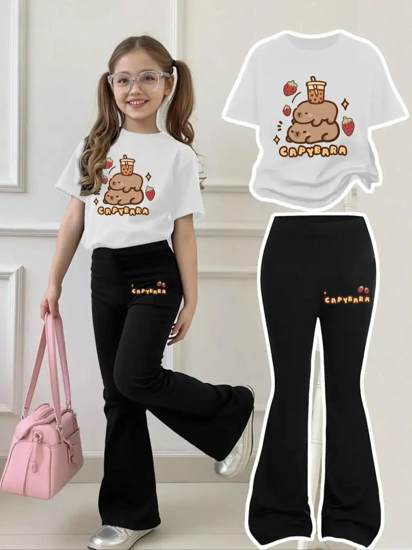 Children's Clothing Set for Girls Aged 4-12, Cute Capybara Print, Includes Black Bell-Bottom Pants + Rose Red and White Short-Sleeved Top, Capybara with English Letters and Capybara Pattern Clothing