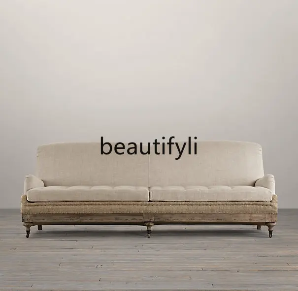

French Country Retro Solid Wood American Simple Solid Wood Linen Sofa British Classical