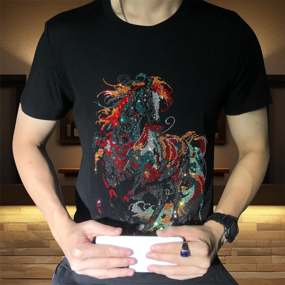 Horse Hot Drill Short Sleeve T-shirt Men's  Social Club Outfits Tee Shirt Homme Brand Leisure Camiseta Slim Fit Tshirt For Men