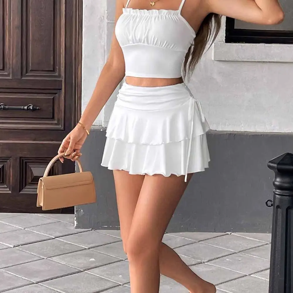 Sweet Lace Up Girls Short Mini Skirt Ruffle Slim Fit High Waist A-line Skirt Cake Dress Teens Pleated Mini Skirts Lady