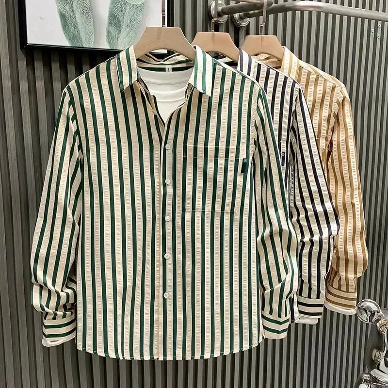 2026 New Men's Ice Silk Thin Breathable Long Sleeve Striped Casual Shirt Lightweight Summer High-End Feeling Regular Fit