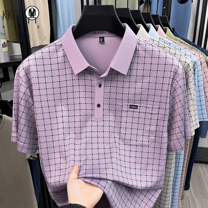 Everyday Wear Geometric Check Lapel Polo Mens Soft Cloth Casual Dinner And Post work Walking Apparel