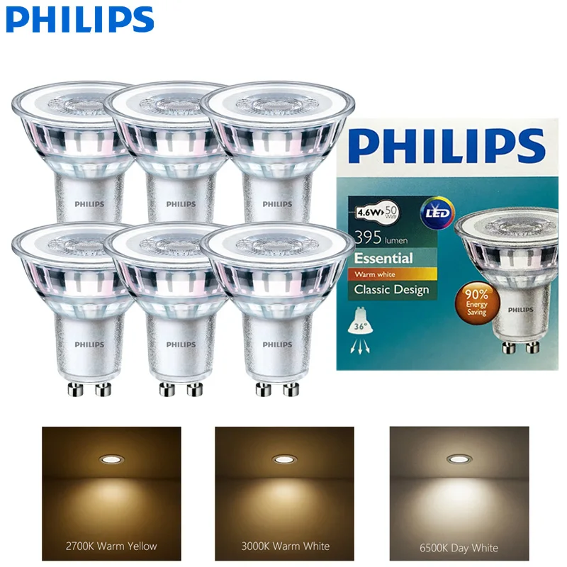 Philips Essential LED GU10 PAR16 Classic Spotlight 4.6W (=50W Halogen) 220-240V Bulbs 36° Degree White LED Spot Recessed Lamps